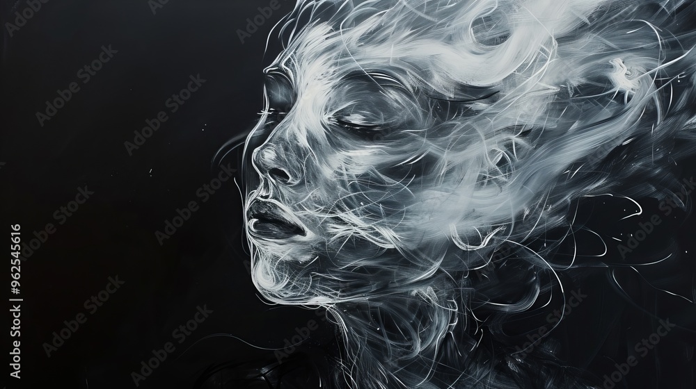 Poster a serene female face rendered with flowing white lines on a black background. the soft and dreamlike