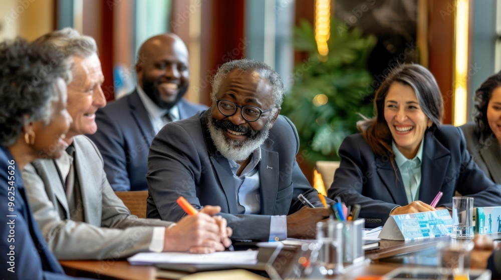 Poster smiling diverse group of businesspeople collaborating around a meeting table in an office complex lo