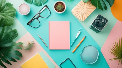 Colorful Flat Lay of Office Supplies with Notebooks, Glasses, and Plants on a Vibrant Background