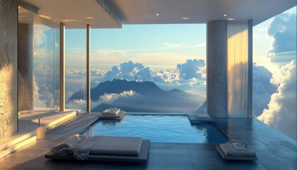 Fototapeta premium Modern Architectural Design with Swimming Pool and Mountain View