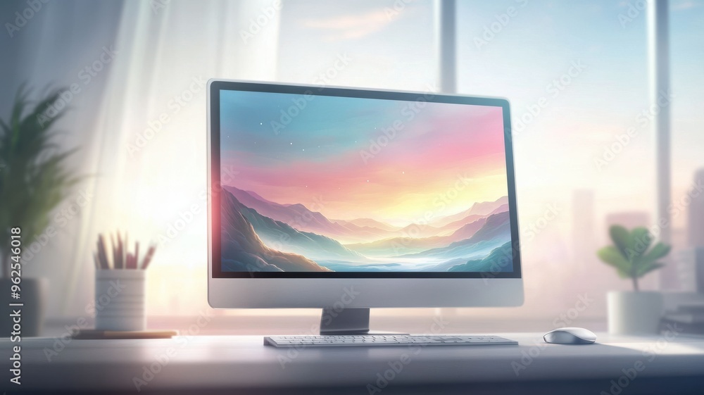 Poster a modern workspace featuring a sleek computer monitor displaying a colorful landscape, ideal for cre