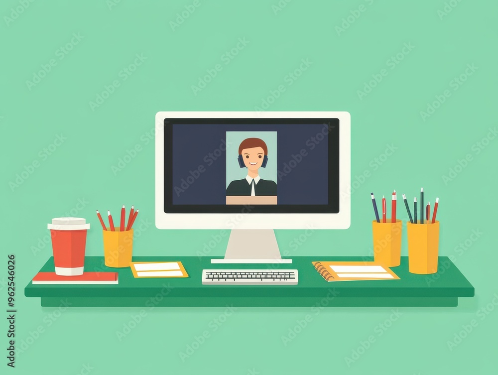Poster a modern workspace with a computer displaying a video call, coffee cup, and stationery items. ideal 