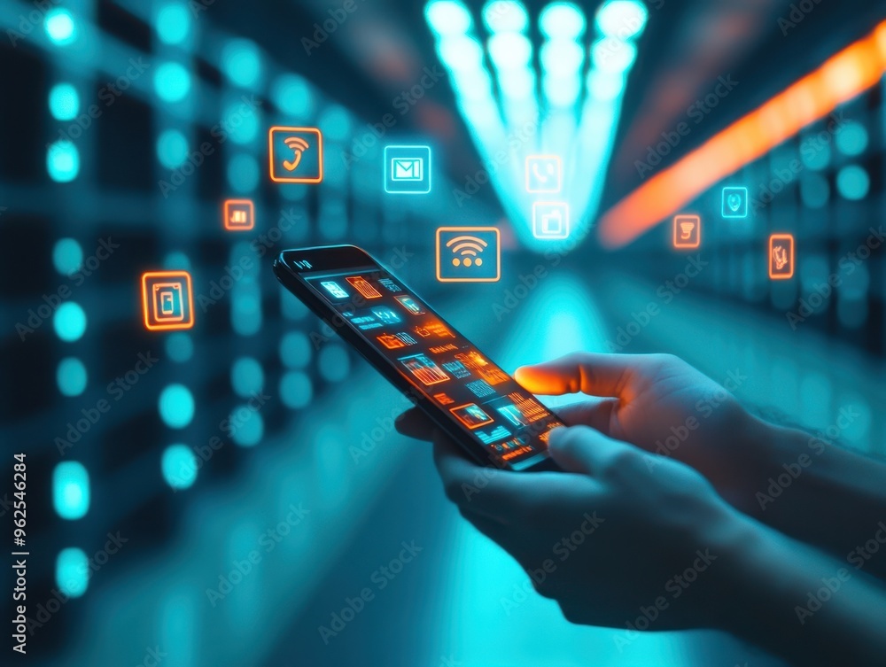 Poster a person using a smartphone with digital icons in a futuristic environment, representing technology 