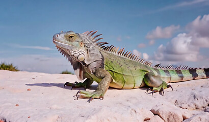 Fototapeta premium a Majestic Green Iguana on a Sunlit Rocky Surface
