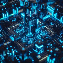 Close-up of an electronic circuit board with a processor and microchips showcasing technology and engineering