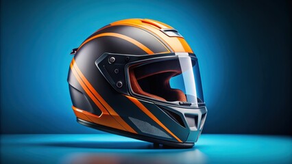 Fototapeta premium Black helmet with orange parts isolated on blue background, Black, helmet, orange, parts, isolated, blue, background, safety