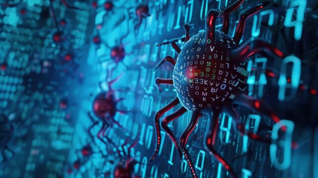 Digital scene depicting system hacking with a blue background filled with code. Includes an info message and a virus warning, illustrating cyber security and cybercrime themes.

