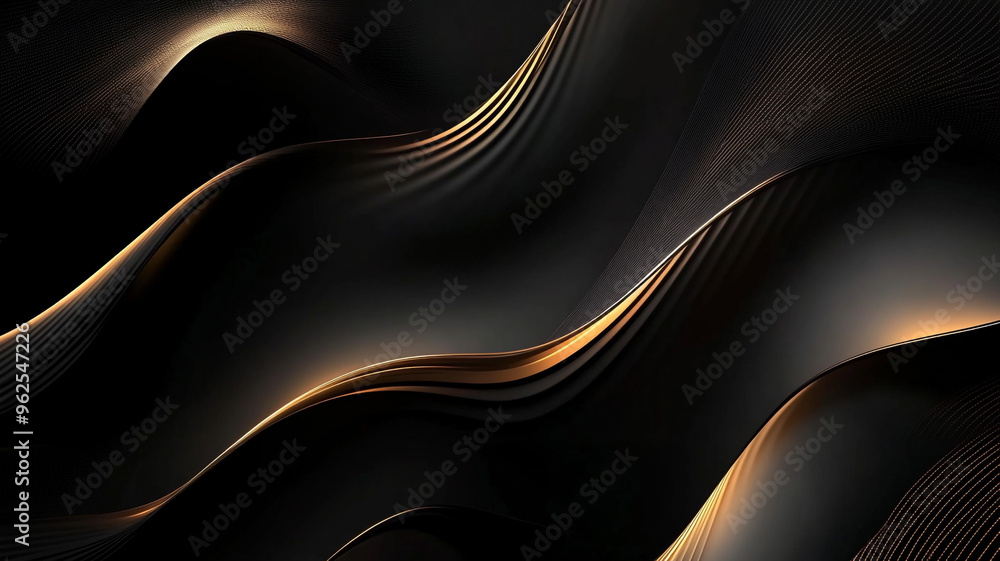 Poster abstract flowing waves in dark background with golden highlights and smooth texture detail