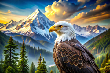 Obraz premium Bald Eagle Perched on Mountainside with Snow-capped Peaks in the Distance