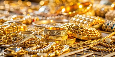 Close up of various gold and silver jewelry items in a pawnshop or jewelry shop, pawnshop, jewelry shop, gold, silver