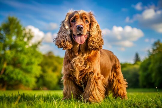 A happy spaniel dog stands in a lush green field under a bright blue sky, capturing the joy of nature and companionship.
