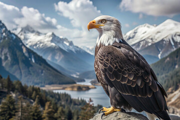 Obraz premium Bald Eagle Perched on a Rock with Mountainous Landscape in the Background