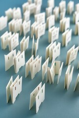Fototapeta premium A collection of white paper stands arranged in a patterned formation on a blue background, showcasing minimalistic design.