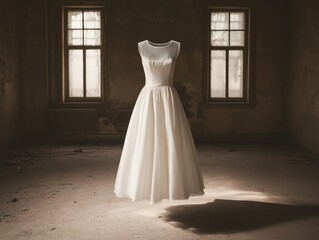 A stunning white dress suspended in an abandoned room, showcasing elegance and beauty in a contrasting environment.