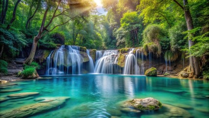 Ethereal forest with three waterfalls cascading into a crystal-clear pool Trinity's purity, ethereal, forest, waterfalls