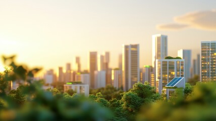 A vibrant city skyline at sunset, showcasing modern architecture and lush greenery in the foreground, symbolizing urban living.