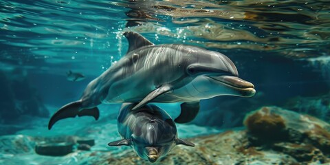 Fototapeta premium Mother Dolphin with Offspring