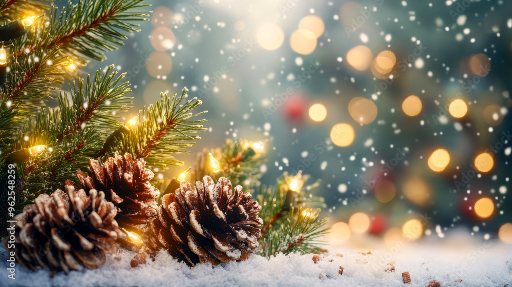 Wall mural snow-covered branches with glistening snowflakes on a soft blue background, evoking the peacefulness