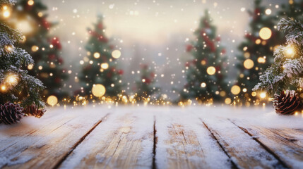 A snow-dusted wooden floor with bokeh and Christmas trees in the background, creating a festive outdoor winter scene.