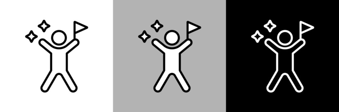 旗を持ってバンザイしている人のイラスト。シンプルな線画のベクターアイコン。