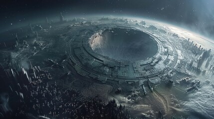 Futuristic Cityscape with a Circular Structure and a Large Crater