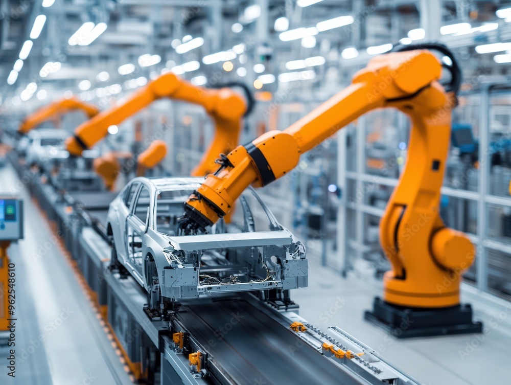 Poster advanced robotic arms assemble a vehicle on a high-tech production line, showcasing automation in mo