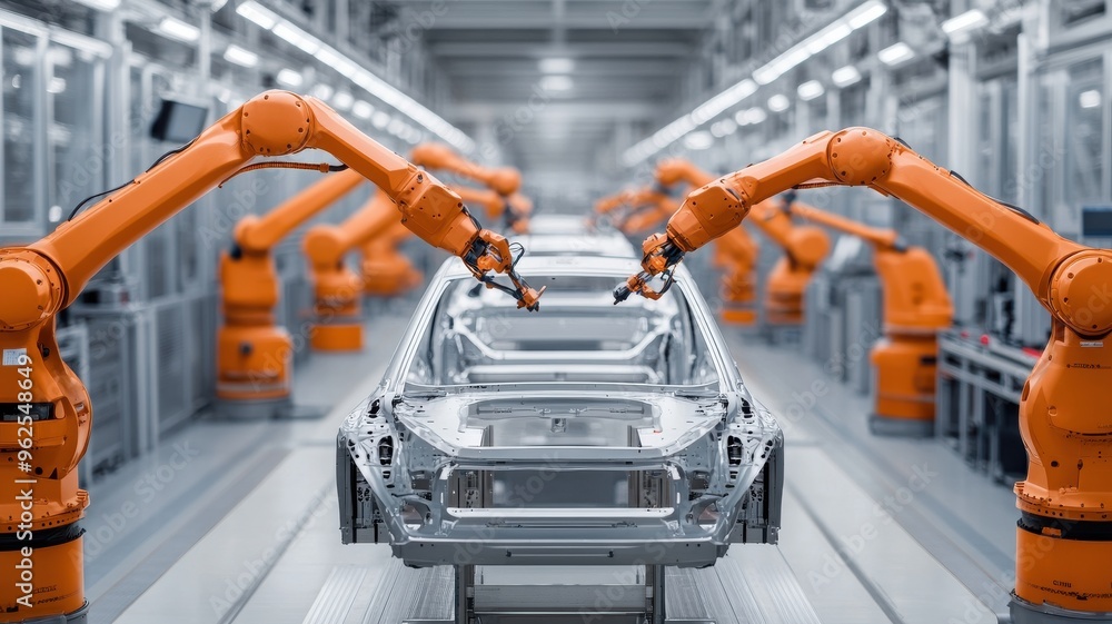 Poster an advanced automotive factory with robotic arms assembling car frames in a high-tech environment.