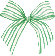 Coquette Green Stripe line Ribbon Bow Watercolor Vintage Christmas Bow Painting in Retro Style
