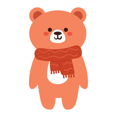 hand drawing cartoon bear wearing red scarf. cute animal drawing, doodle for winter