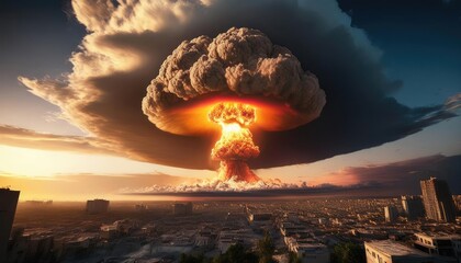 A dramatic scene showcasing a large mushroom cloud erupting over a cityscape at sunset, symbolizing destruction and chaos.