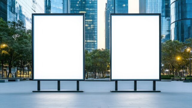 Blank billboards stand amidst modern city architecture, ideal for advertising or promotional content in an urban environment.