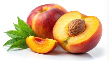 Ripe peach with leaves and half peach isolated on background, peach, fruit, ripe, sweet, juicy, leaves, vibrant, organic
