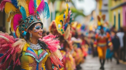 Woman in Colorful Carnival Costume Smiles During Parade