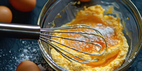 Whisking eggs with a wire tool and combining beaten egg yolks and sugar in a bowl.
