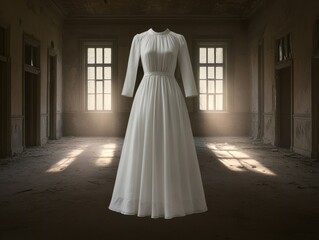 Fototapeta premium Elegant white dress displayed in a vintage room with soft lighting, evoking a sense of nostalgia and timeless beauty.