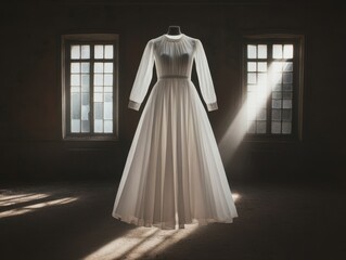 Elegant white dress displayed in a dimly lit room, capturing a timeless and classic fashion aesthetic.