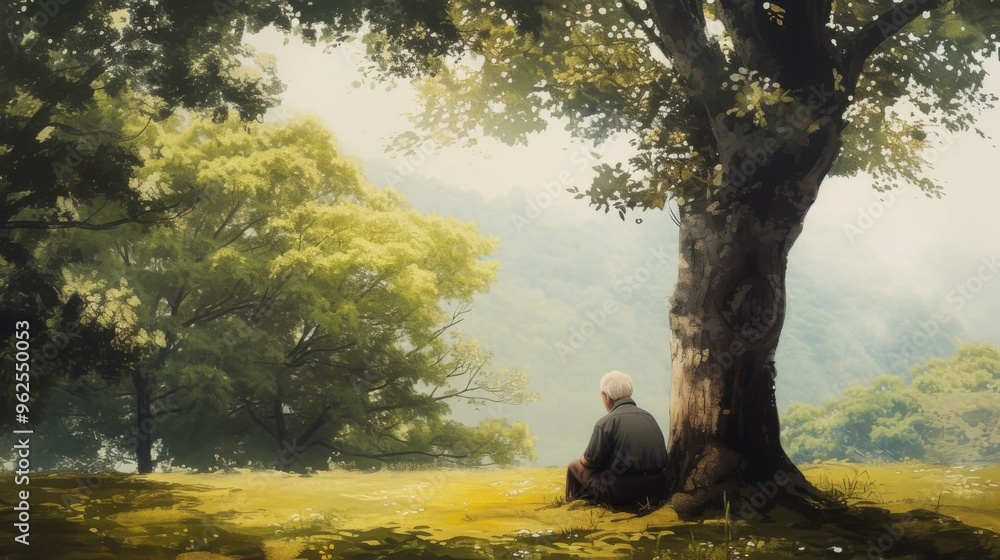 Poster an elderly man sits peacefully under a large tree, surrounded by lush greenery and sunlight filterin