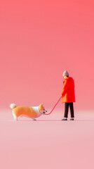 3D miniature photography of small person dog walking with corgi dog fashion minimalism creative red peach pet poster
