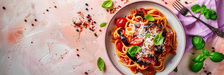 Pasta alla Norma featuring eggplant, tomato sauce, and basil, garnished with grated ricotta salata cheese, displayed on a pink and beige tabletop in a vertical composition from a top perspective.