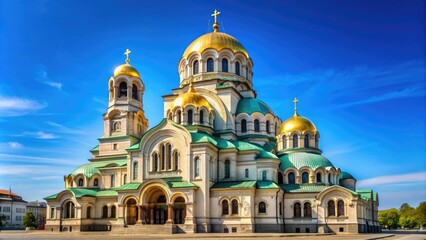 Obraz premium Russian church in Sofia, Bulgaria with beautiful golden domes against a clear blue sky, Russian, church, Sofia