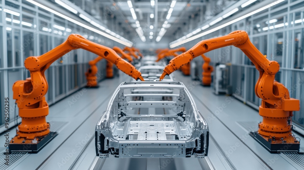 Poster high-tech factory showcasing robotic arms assembling a car chassis in an automated production line e