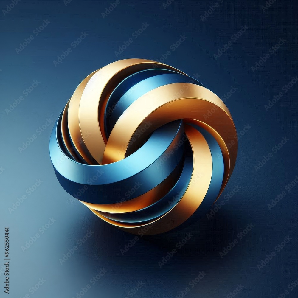 Poster a 3d abstract rendering of a blue and gold sphere with a knotted design against a dark blue backgrou