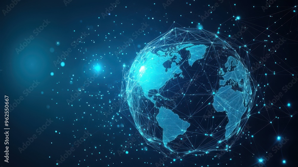 Poster a blue globe with a network of lines surrounding it