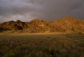 Landscape before a storm in the steppe in the Ili River valley not far from Almaty.