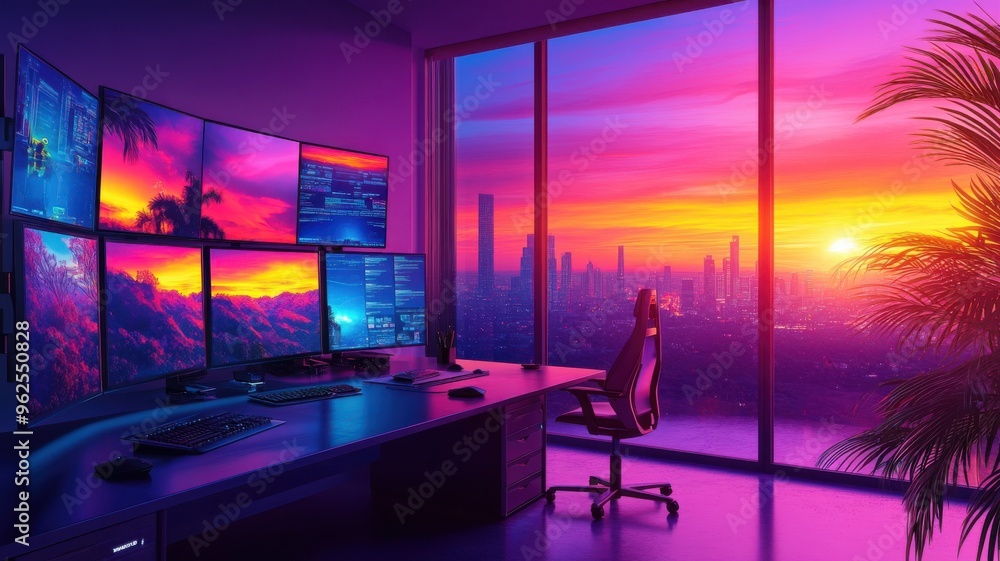 Poster modern workspace with multiple screens, showcasing a vibrant sunset view, perfect for tech and remot