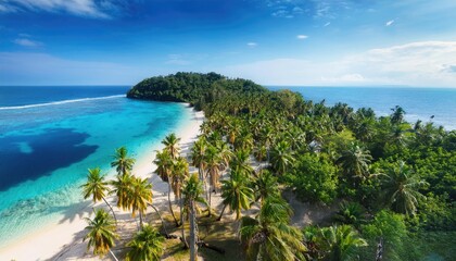 Aerial view of a tropical paradise featuring palm trees and clear turquoise waters, perfect for vacation and relaxation.