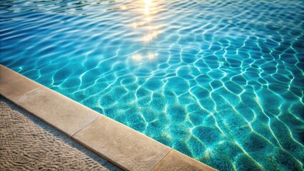 Serene poolside scene with sunlit ripples and water droplets on concrete edge, poolside, serene, sunlit