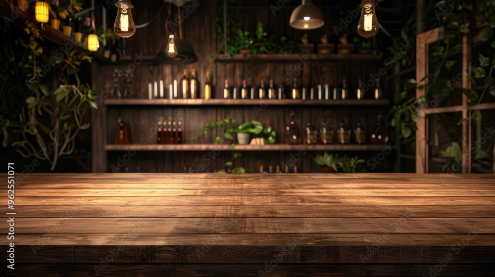 Wall mural Wooden desk without items against bar and restaurant background for product display.