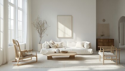 Fototapeta premium Minimalist Living Room with White Couch and Wooden Accents
