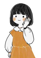スマートフォンで通話する女の子の手描きタッチイラスト